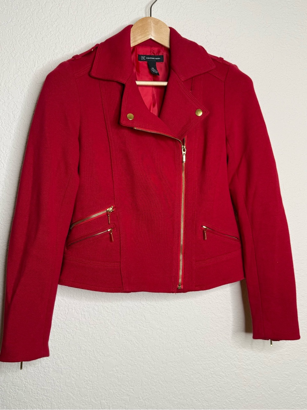 INC Red Cotton Knit Moto Biker Jacket Gold Hardware XS Edgy Retro